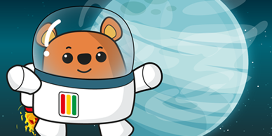 Illustration of Ted in a spacesuit in front of the Moon.